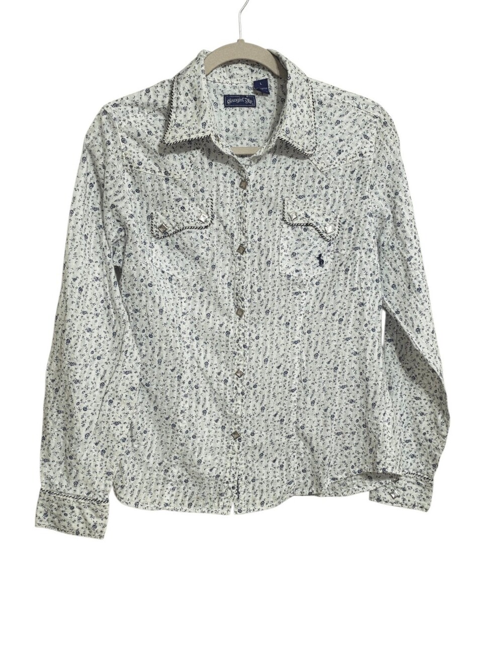 Cowgirl Up Cotton White Blue Floral Pearl Snap Top L Rodeo Cowgirl Western